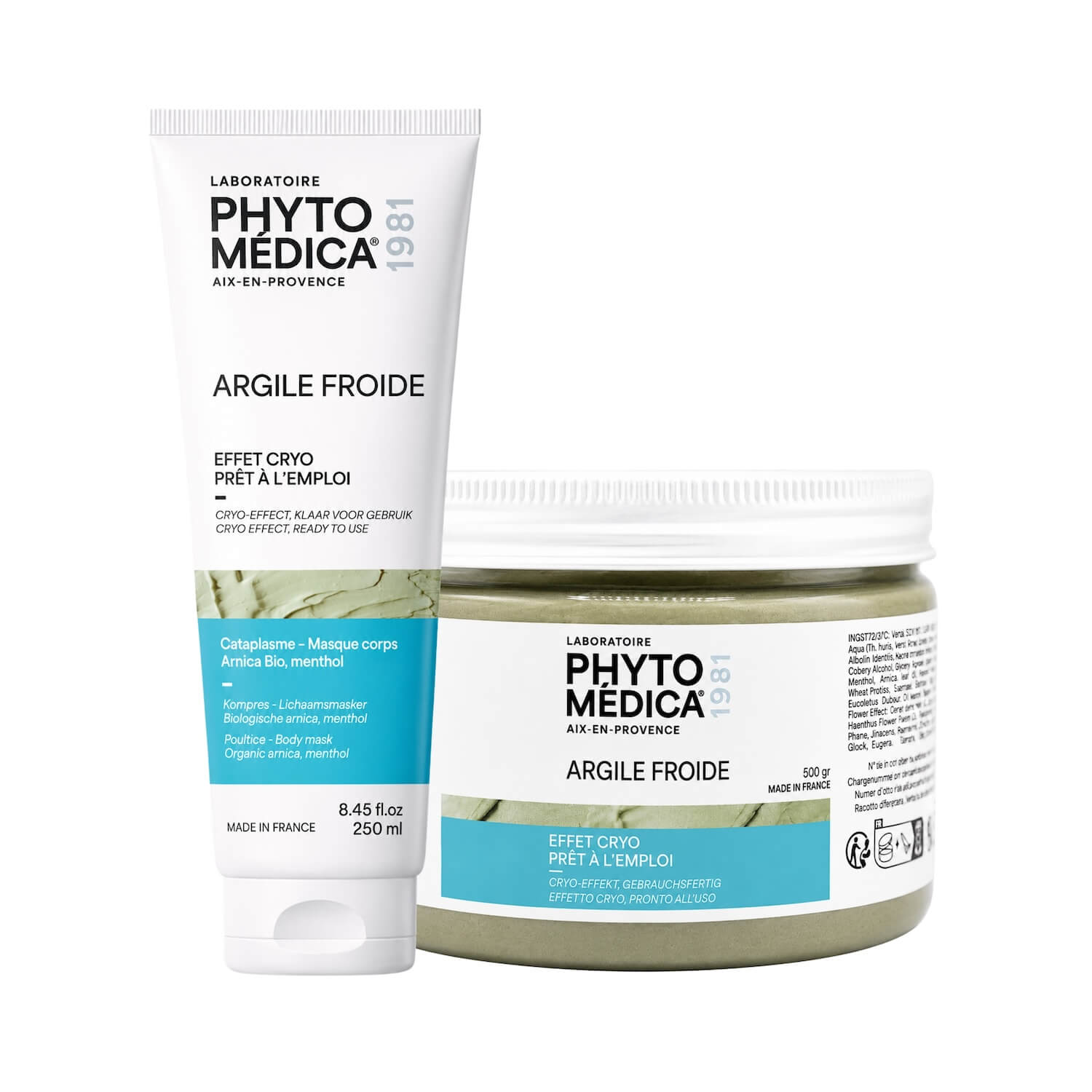 Tube 250 ml et pot 500 g de masque-corps réfrigérant Argile froide Phytomédica